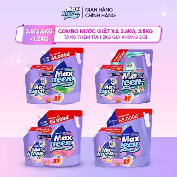 [MUA 1 TẶNG 1] Túi Nước Giặt Xả MaxKleen 3.8kg/3.6kg + Túi Nước Giặt Xả 1.2kg Mùi ngẫu nhiên